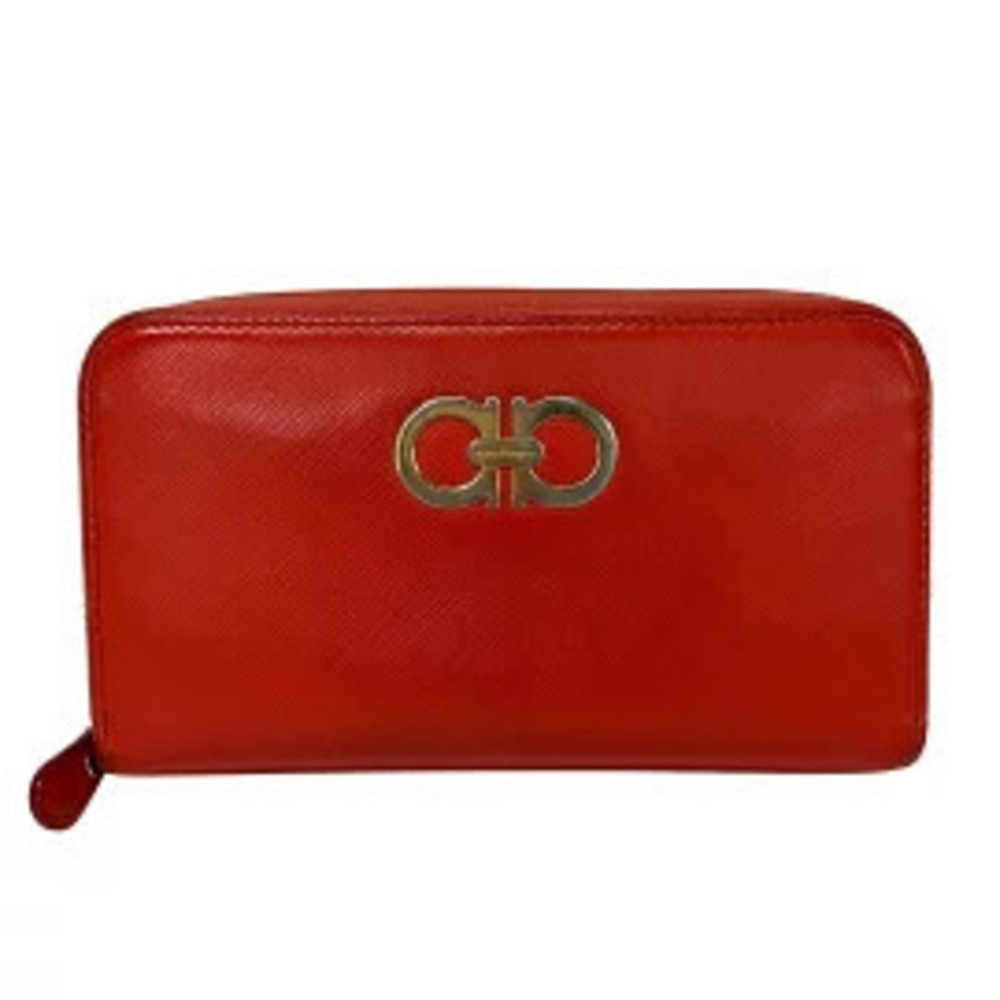 Salvatore Ferragamo Salvatore Gancini Long Wallet Round Zipper Red Leather